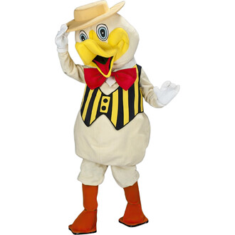 Costume de mascotte représentant un canard, portant un chapeau de paille, un nœud papillon rouge, une chemise à rayures noires et jaunes, et des bottes orange. Le canard est en train de saluer avec une main levée.