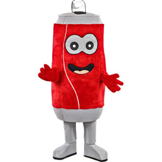 Mascotte canette rouge avec visage cartoon (grands yeux et sourire), bras et jambes gris clair, déguisement mascotte prêt pour animation.
