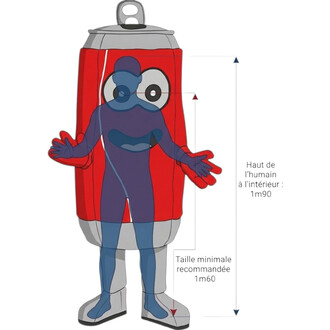 Mascotte en forme de canette rouge avec visage cartoon et bras ouverts, schéma indiquant la hauteur de l’humain à l’intérieur 1m90 et la taille minimale recommandée 1m60