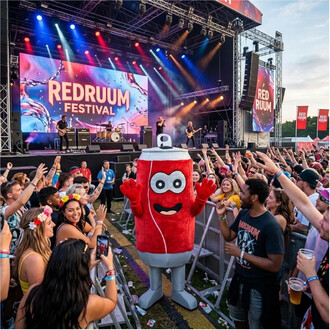 Mascotte canette rouge anthropomorphe avec sourire et yeux cartoon, bras levés, devant le public d’un festival en plein air, scène de concert avec écrans affichant « REDRUM FESTIVAL » en arrière-plan.