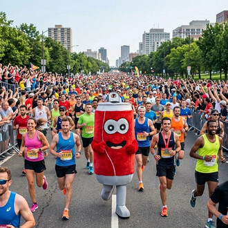 Mascotte canette rouge avec grand sourire et yeux ronds, en plein marathon urbain au milieu d’un peloton de coureurs, entourée de spectateurs et de gratte-ciel en arrière-plan.