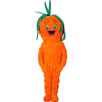 Costume de carotte orange avec des détails souriants, yeux grands et verts, représentant une carotte anthropomorphe. Le costume est texturé et équipée de feuilles vertes en haut.