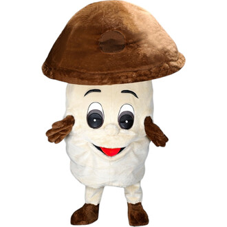 Costume de mascotte représentant un champignon souriant avec un chapeau marron, les bras ouverts et des yeux expressifs.