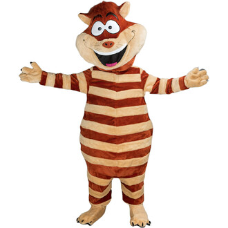 Costume de mascotte en peluche représentant un personnage aux couleurs brun et beige, avec des rayures. Il a une grande tête souriante, de grands yeux et des oreilles pointues. Les bras ouverts, il semble accueillant et amical.