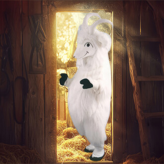 Mascotte représentant une chèvre blanche, vêtue d'un costume en peluche douce, se tenant dans l'embrasure d'une porte en bois. L'arrière-plan montre une atmosphère chaleureuse avec de la paille au sol et des éléments agricoles. La mascotte a un sourire am