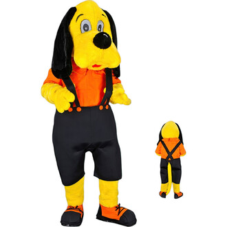 Costume de mascotte avec un personnage de chien jaune portant un t-shirt orange, des bretelles noires, un pantalon noir et des chaussures adaptées ; vue de face et de dos.