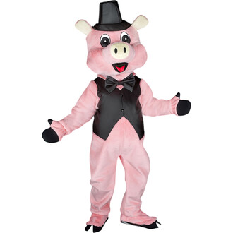 Mascotte représentant un cochon en costume, avec un chapeau haut de forme et un nœud papillon, sourire large, bras ouverts, sur fond blanc.