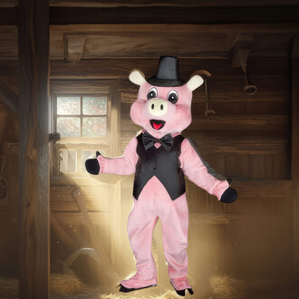 Mascotte en costume de cochon rose habillé en élégant avec un chapeau haut de forme et un nœud papillon, se tenant dans une grange avec une lumière douce venant d'une fenêtre.