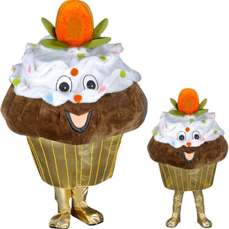 Deux mascottes Cupcake en peluche, version grande et petite, avec base cupcake dorée et rayée, glaçage blanc décoré de confettis colorés et visage souriant, bougie orange sur le dessus et pattes dorées.