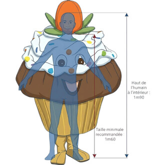 Mascotte Cupcake : silhouette humaine bleue translucide debout sur un cupcake géant avec glaçage blanc et décorations colorées, mesures indiquant hauteur intérieure 1m90 et taille minimale recommandée 1m60.