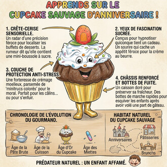 Mascotte Cupcake anthropomorphe avec glaçage blanc et fraise sur le sommet, yeux et sourire, corp brun et bottes dorées; illustration pédagogique autour de la mascotte avec des textes et flèches.