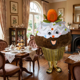 Mascotte cupcake géante debout dans une salle à manger élégante : base chocolat brun avec wrapper jaune à rayures, glaçage blanc fluffy décoré de points colorés et une tête orange avec feuilles vertes; visage souriant et grands yeux; pieds dorés.