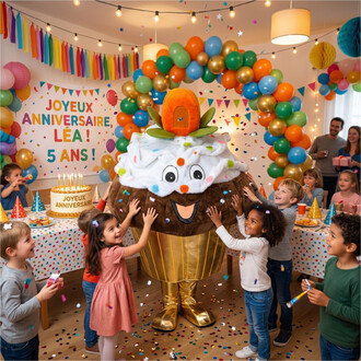 Mascotte cupcake géante au centre d'une fête d'anniversaire colorée: visage souriant, glaçage blanc décoré et chapeau orange, entourée d'enfants et d'adultes, avec une arche de ballons multicolores et confettis.