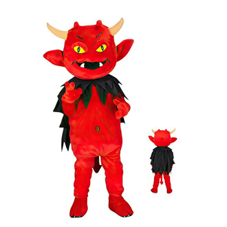 Costume de démon rouge avec cornes et capuche noire, affichant un sourire malicieux et un œil unique sur le torse, accompagné d'une version plus petite du même personnage.