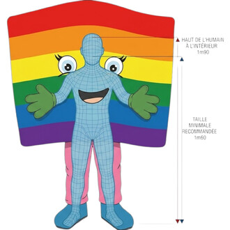 Mascotte cartoon en silhouette humaine bleue à motif grille, bras écartés, devant un drapeau arc-en-ciel LGBTQIA+ horizontal; annotations indiquant hauteur intérieure 1,90 m et taille minimale recommandée 1,60 m.