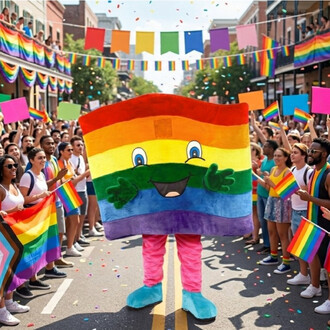 Mascotte costume rectangulaire représentant un drapeau arc-en-ciel avec un visage souriant et des bras verts, portant pantalon rose et chaussures bleues, debout au centre d’un défilé Pride dans une rue, entourée de spectateurs tenant des drapeaux arc-en-c