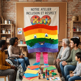 Mascotte peluche arc-en-ciel en forme carrée avec visage souriant et bras verts, debout dans un atelier inclusif entourée de personnes de diverses origines et capacités, devant une table de bricolage colorée et une affiche NOTRE ATELIER INCLUSION ET RESPE