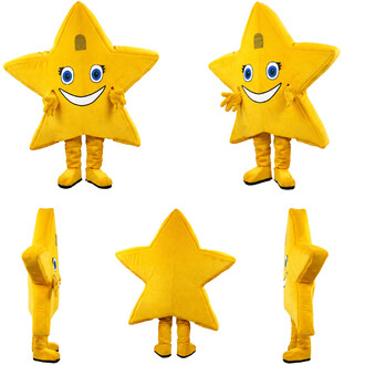 Costume de mascotte étoile jaune avec visage souriant et yeux bleus, bras et jambes rembourrés; affiché en vues de face, profil et dos.