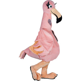 Costume de flamant rose en peluche, avec un long cou, un bec noir, des yeux expressifs et des pattes ergonomiques.