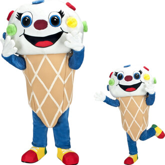 Mascotte en costume de cornet de glace : tête blanche souriante avec de grands yeux bleus, cornet beige à motifs en damier, bras et jambes bleus, chaussures multicolores, version grande et version petite présentées côte à côte.