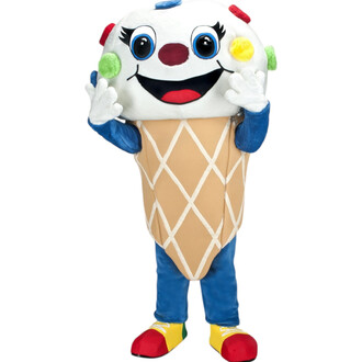 Mascotte en costume de cône de glace géant: tête blanche souriante avec de grands yeux bleus et décor multicolore, corps beige en forme de cornet à motif gaufre, bras bleus avec gants blancs, chaussures multicolores.
