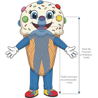 Mascotte glacée anthropomorphe en costume de cornet: tête crème avec sprinkles colorés et grands yeux bleus, bras écartés, tenue bleue et orange, chaussures multicolores; illustration indiquant hauteur humaine intérieure 1,90 m et taille minimale recomman