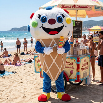 Mascotte géante en forme de cornet de glace sur la plage, visage souriant avec de grands yeux bleus, tenue bleue et beige, tenant un cône coloré; stand de glaces artisanales et parasol en arrière-plan.