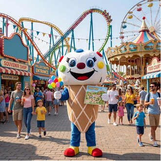 Mascotte géante en forme de cornet de glace souriante, tenant des ballons multicolores et une carte du parc; arrière-plan d’un parc d’attractions avec montagnes russes et carrousel, entourée de visiteurs.
