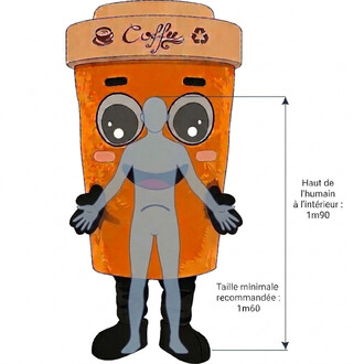 Mascotte gobelet de café orange avec couvercle beige marqué Coffee, visage gris avec de grands yeux, corps humanoïde gris sortant de la tasse, bras et mains noirs et pieds noirs; illustration indiquant la hauteur interne du personnage 1m90 et la taille mi