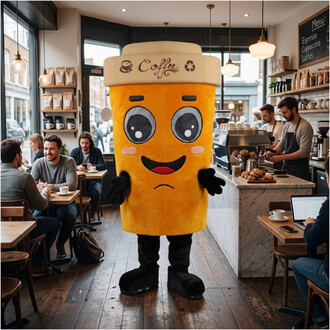 Mascotte géante en forme de gobelet de café jaune avec un visage cartoon, bras noirs, debout dans un café animé entouré de clients et d’un barista près de la machine à espresso.