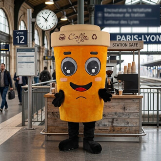 Mascotte Gobelet de Café orange avec visage mignon et grands yeux, chapeau beige marqué “Coffee”, debout derrière un comptoir de café dans une gare, horloge et panneaux Paris-Lyon visibles en arrière-plan.