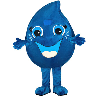 Mascotte en forme de goutte d'eau bleue, avec un visage souriant, de grands yeux ronds et des bras ouverts. Elle est habillée d'un costume en tissu doux et coloré, prêt à divertir et à attirer l'attention.