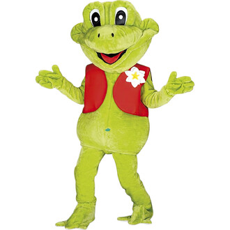 Mascotte de grenouille en costume vert, souriante, avec un gilet rouge et une fleur blanche sur le côté. Les bras sont écartés dans une position accueillante.