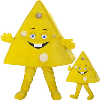 Deux mascottes en peluche en forme de tranche de Gruyère jaune avec des trous, visages souriants et bras et jambes, version grande et petite.