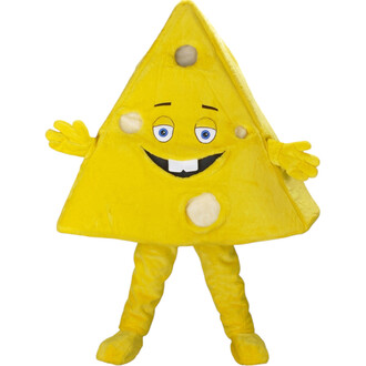 Mascotte en forme de tranche de fromage Gruyère jaune avec visage souriant, trous caractéristiques, bras et jambes pelucheux.