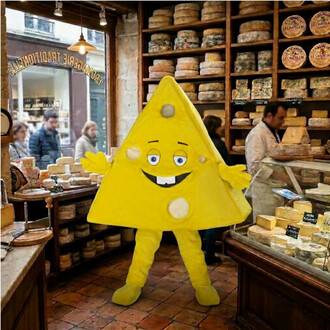 Mascotte Gruyère en forme de triangle jaune avec visage souriant, bras et jambes, debout dans une fromagerie entourée de fromages sur les étagères et au comptoir.