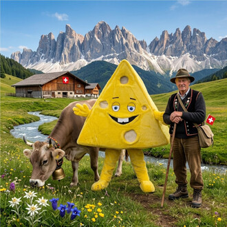 Mascotte Gruyère en forme de triangle de fromage jaune avec visage souriant, accompagnée d’une vache et d’un homme en costume traditionnel suisse dans un paysage alpin avec chalet, rivière et montagnes.