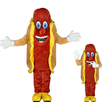 Mascotte hot-dog en costume: saucisse rouge dans un pain beige avec moutarde jaune, gants blancs, grands yeux bleus et sourire, version grande et version petite.