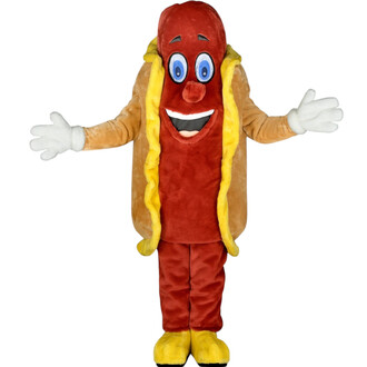 Mascotte hot-dog en peluche: personnage anthropomorphe avec saucisse rouge dans un pain beige, moutarde jaune sur les côtés, grands yeux bleus et sourire, gants blancs et pieds jaunes, bras ouverts.