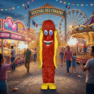 Mascotte hot dog géante avec bun et saucisse rouge, moutarde jaune sur les côtés, gants blancs et sourire, debout au milieu d'une fête foraine illuminée avec stands de popcorn et cotton candy et grande roue en arrière-plan.