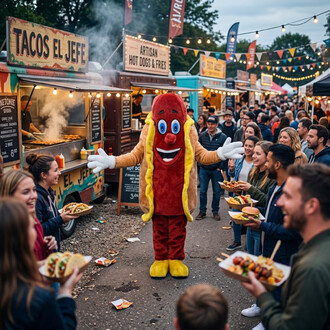 Mascotte Hot Dog rouge et jaune, bras ouverts, au milieu d’un festival de street food avec stands et foule.
