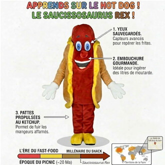 Mascotte Hot Dog en costume de saucisse rouge dans un pain jaune, visage cartoon avec yeux bleus et sourire, gants blancs et pieds jaunes, debout sur fond blanc.