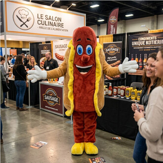 Mascotte hot-dog en costume peluche beige et brun avec moutarde jaune sur les côtés, visage souriant aux yeux bleus, gants blancs et pieds jaunes, debout au milieu d’un salon culinaire près d’un stand de produits.