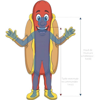Mascotte Hot Dog anthropomorphe debout, costume de hot-dog avec bun doré et corps bleu/rouge, bras écartés et sourire; diagramme de hauteur indiquant 1,90 m et 1,60 m.