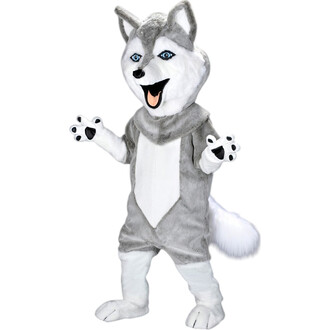 Costume de mascotte représentant un loup avec un pelage gris et blanc, visage souriant, yeux bleus, et oreilles pointues. Le personnage est en position joyeuse, avec les bras levés et une queue en fourrure.