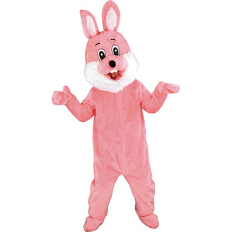 Costume de lapin rose en peluche avec des oreilles, un visage souriant et un col en fausse fourrure blanche, les bras écartés pour une pose accueillante.