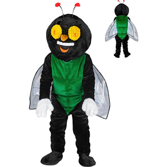 Costume de mascotte représentant une mouche, avec un corps noir et vert, des ailes translucides, un grand sourire, et des yeux ronds et jaunes. Les antennes rouges sur la tête complètent l'apparence ludique.