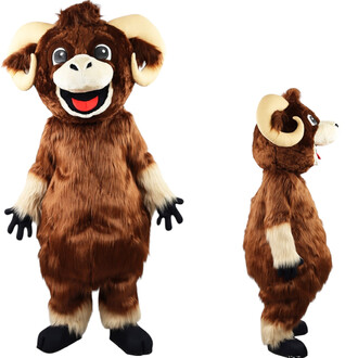 Mascotte mouflon malicieux en peluche brune avec cornes crème, visage souriant et grands yeux noirs – vue de face et de profil.