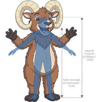 Mascotte Mouflon Malicieux : mascotte anthropomorphe ram brun avec de grandes cornes crème, bras levés; diagramme de taille indiquant une hauteur de porteur entre 1,60 m et 1,90 m.