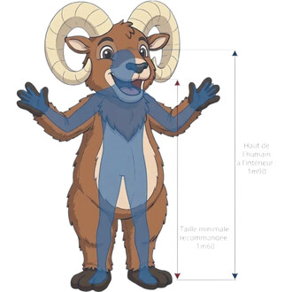 Mascotte Mouflon Malicieux, mascotte cartoon avec grandes cornes enroulées, pelage marron et bleu, bras levés et sourire; illustration indiquant les tailles 1m90 et 1m60 (hauteur humaine et taille minimale recommandée).